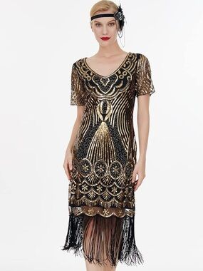Black & Gold Art Deco Fringe Cocktail Dress: Flapper Costume
